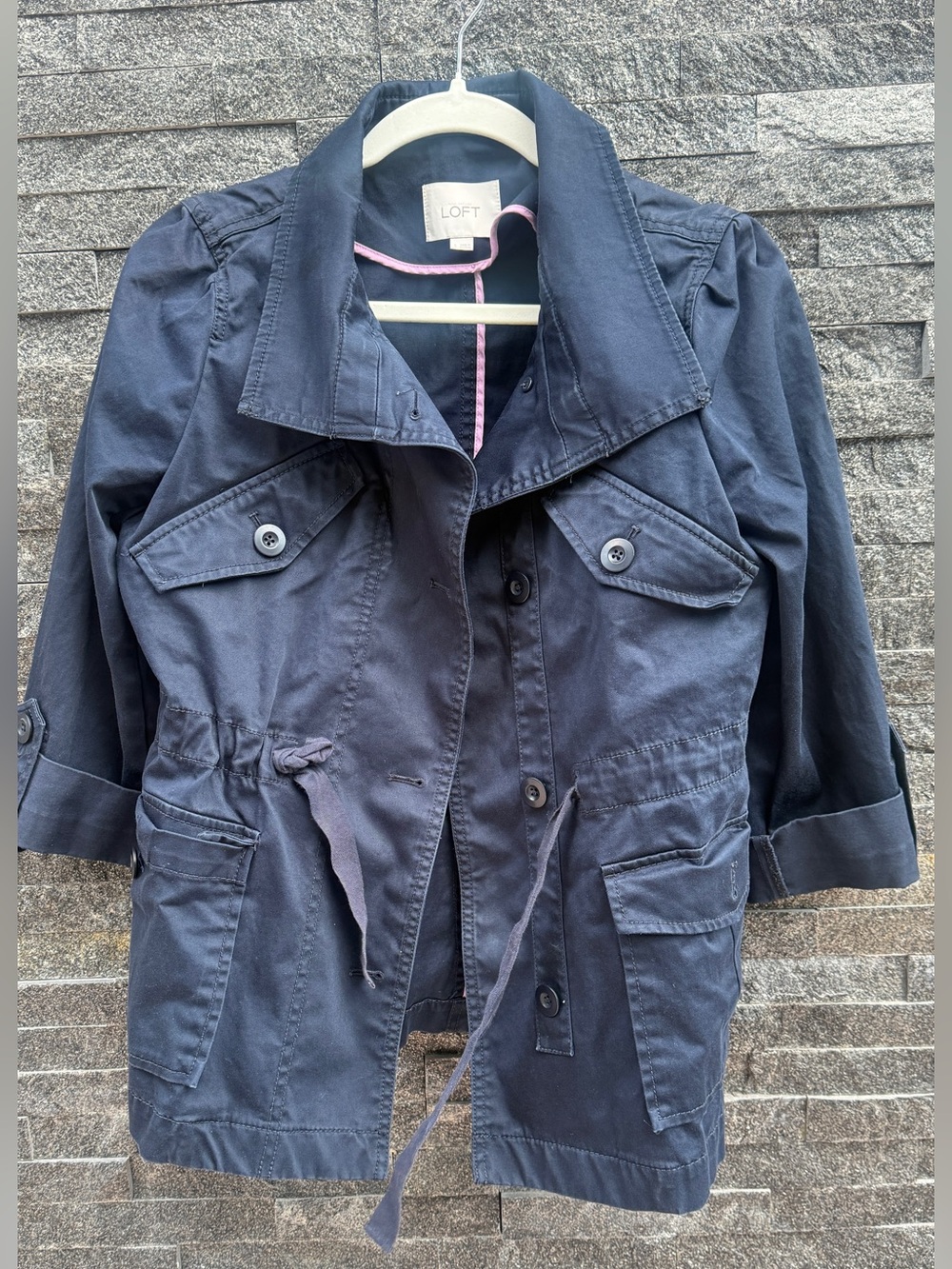 LOFT Navy Drawstring Cotton Utility Jacket